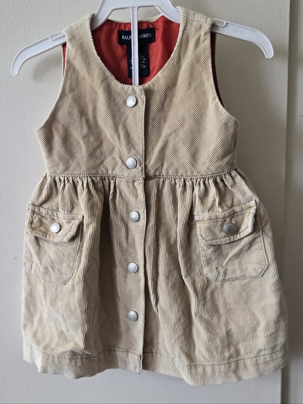 Ralph Lauren Girls' Tan Corduroy Button Front Pinafore Dress Baby 3/6m